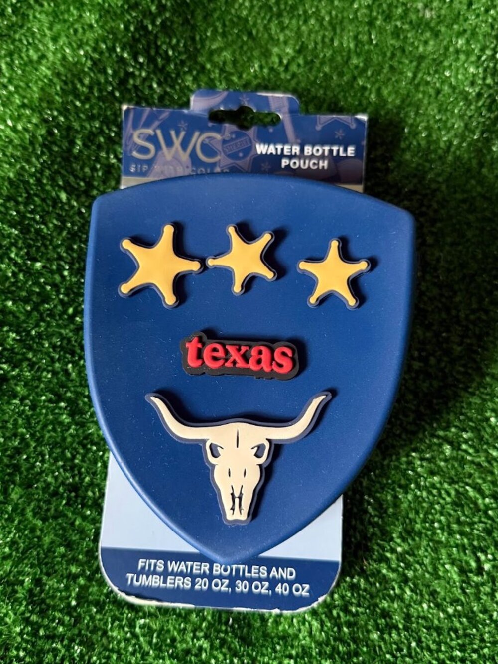 Texas Longhorn Bull Skull Water Bottle Pouch Blue Silicone Bag w/ 5 Charms NEW